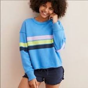 Blue cropped aerie crewneck sweatshirt, purple green and navy stripes size small